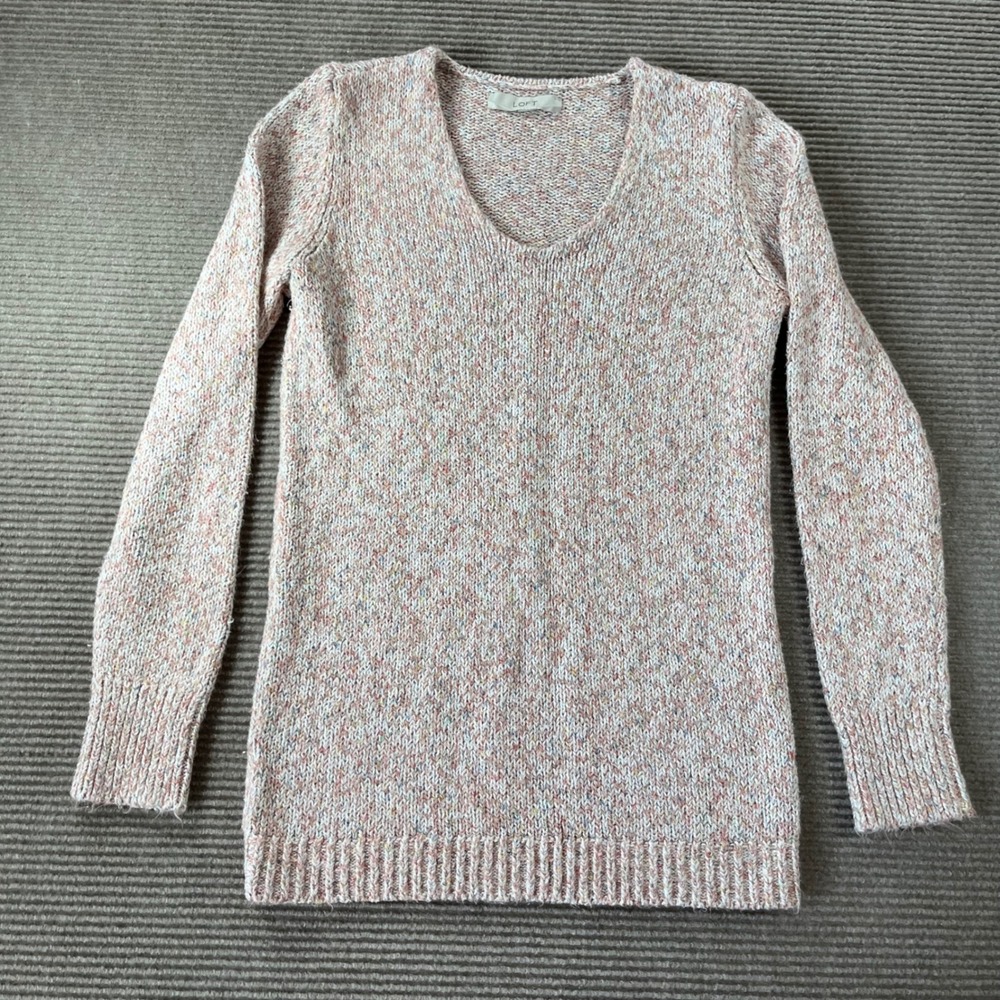 LOFT Womens Pink Multi Confetti Marled Knit V-Neck Pullover Sweater Size M
